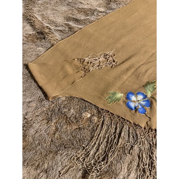SHAWL BIKINI COVER UP FRINGE SHEER BROWN BEADS HAND PAINTED SCARF SURFACE VTG - Picture 4 of 9